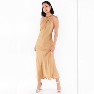 $178 SHOW ME YOUR MUMU JASMINE HALTER MIDI True Gold Luxe Satin Small & Medium